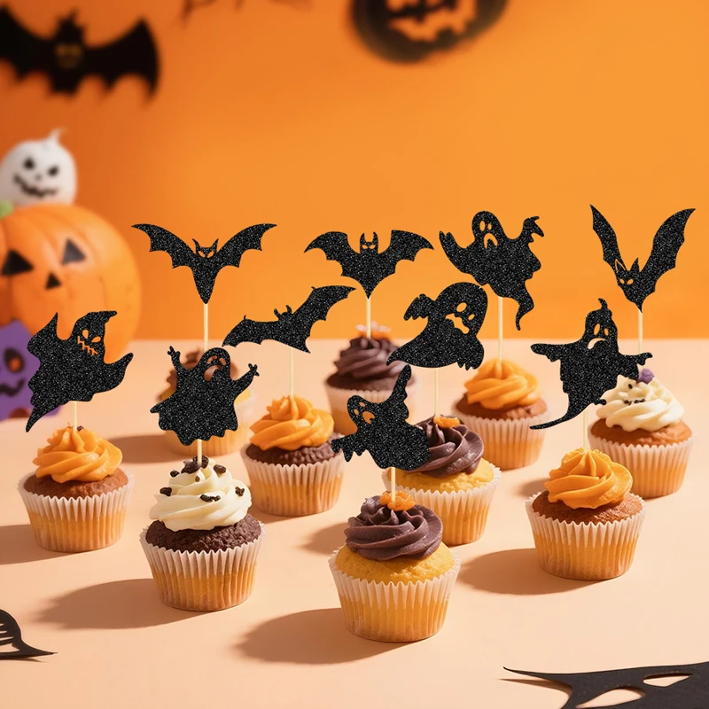NUBECOM 24 Stück Halloween-Kuchenaufsätze, glitzernde Geister- und Fledermaus-Cupcake-Topper, Geburtstagskuchen-Dekoration, Halloween-Party-Kuchendekoration – Detail 11