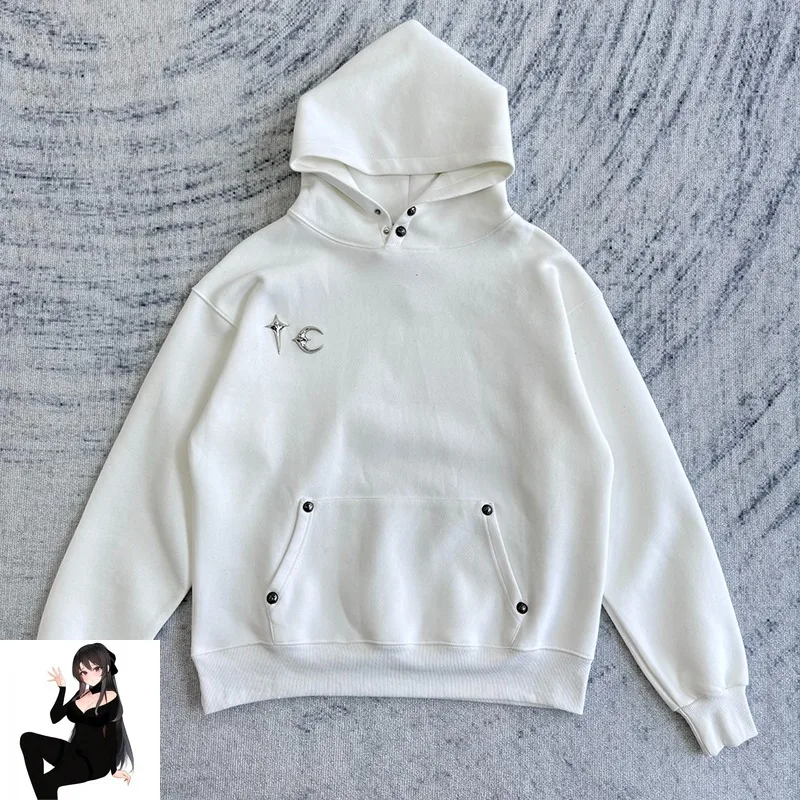 American Streetwear Thug Club Hoodie Metal Moon Star Pattern Nail Buckle Decoration Men Women Loose Fit Casual Hooded Pullovers