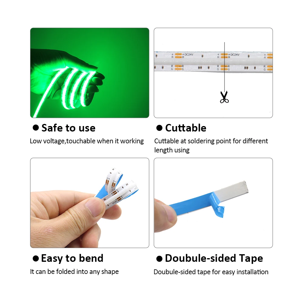 DC 12V RGB COB LED 스트립 조명, 24V 756 LEDs FCOB FOB 고밀도 강도 유연한 테이프 선형 리본 RA 90 1M 2M 3M 4M 5M