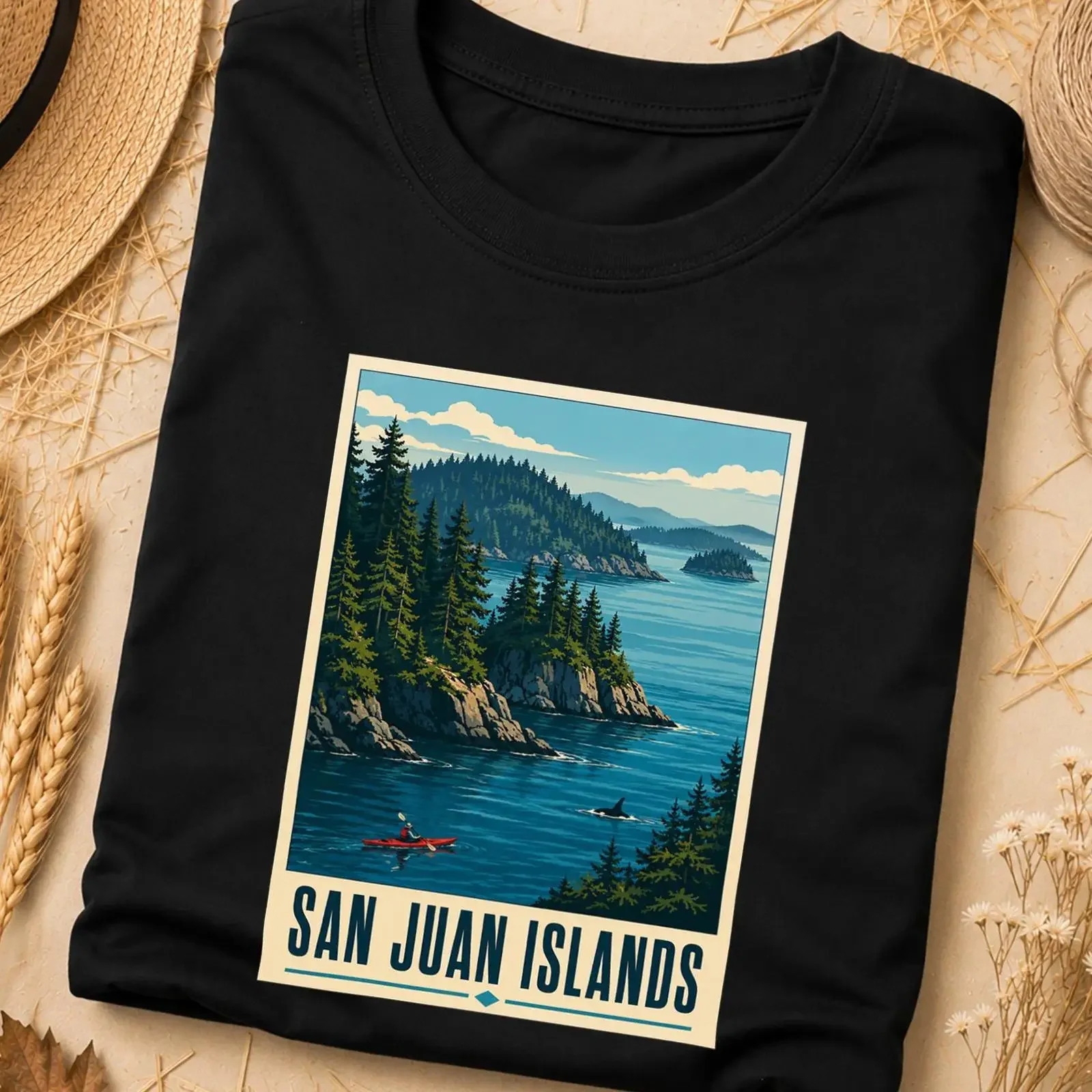 Vintage San Juan Islands Travel Poster T Shirt Washington Kayak Orca PNW Pacific Northwest Souvenir  vintage Washed Unisex