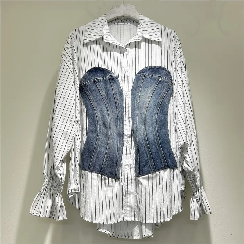 

Y2k Shirt Women Denim Patchwork Top Single Breasted Turn Down Collar Washed High Waist Overshirt 2025 Autumn Office Lady Tops