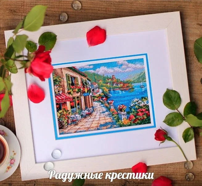 

Modern Minimalist DMC Cross Stitch Kit Small Print Beach Cafe Scenery White Cotton Fabric Living Room Home Textile Art