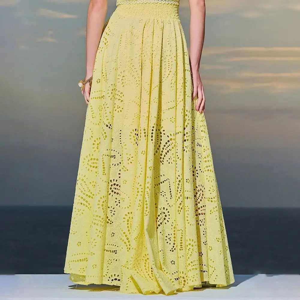 KWTX 2025 Embroidery Two Piece Set for Women O Neck Sleeveless Hollow Out Top High Waist A Line Skirt Slimming Sets Female