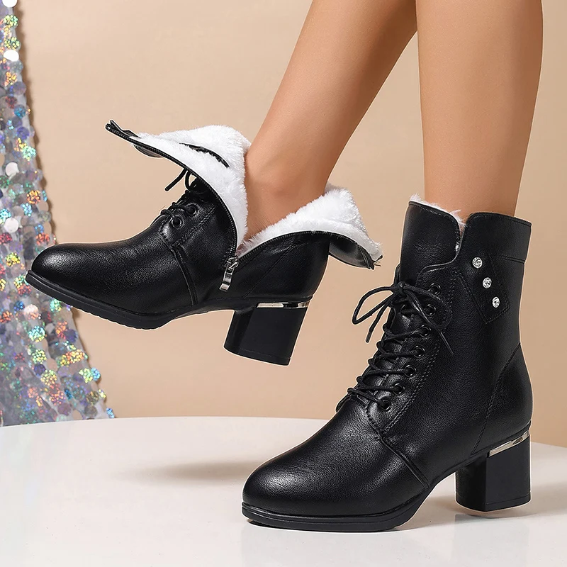 Winter Warm Plush Ankle Boots Women Fashion Crystal Chunky High Heels Booties Women Zipper Lace Up Faux Leather Botas Mujer