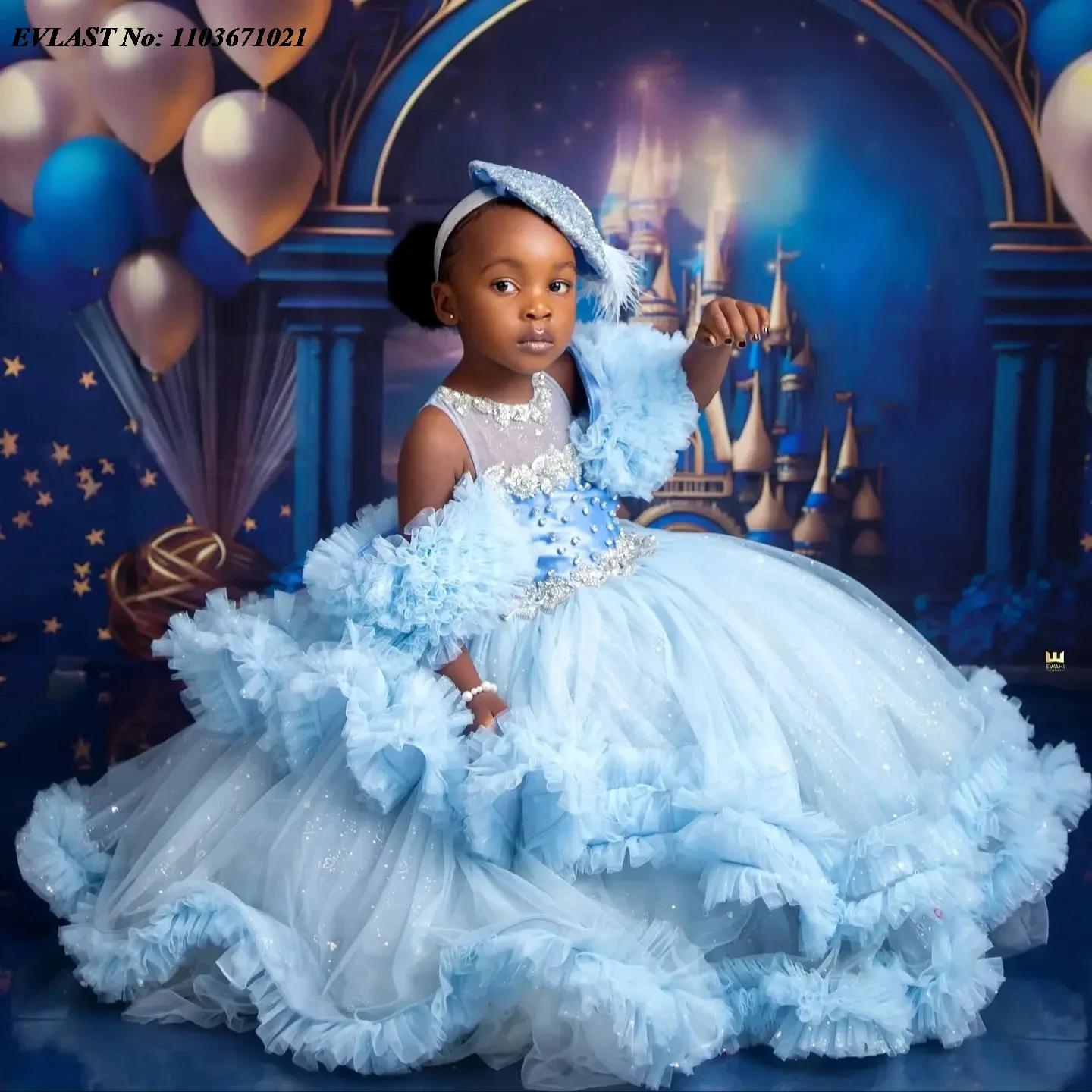 

EVLAST Customized Blue Flower Girls Dress for Wedding Ruffles Tulle Girl Pageant Kids Party Birthday Gown for Photoshoot FD52