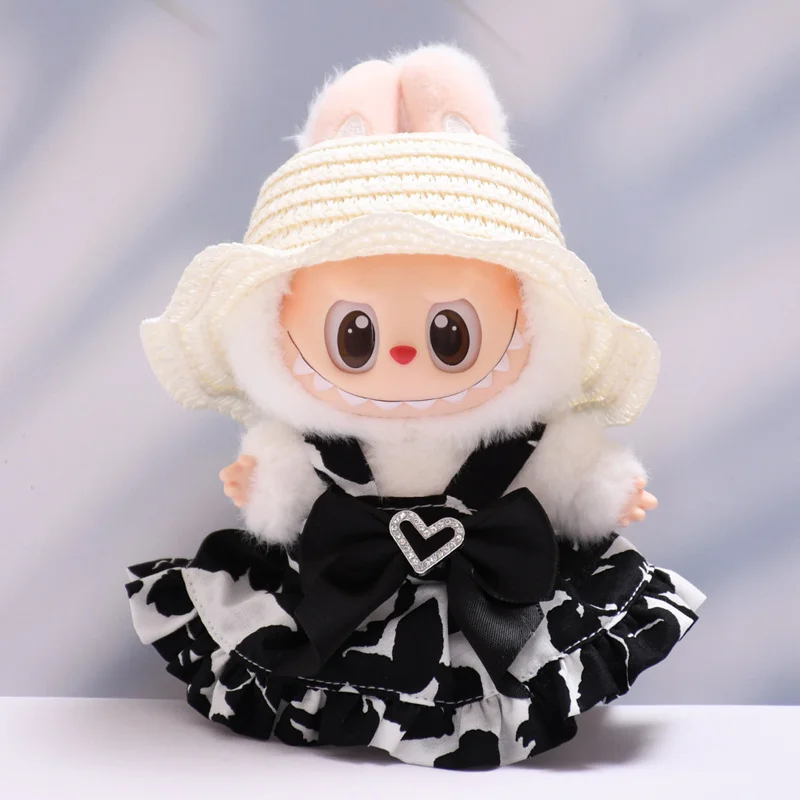 17cm Pendant Labubu Doll Dress Cute Labubu Doll Clothes Red Plaid Skirt Vest Packet Cartoon Doll Black Love Skirt Doll Costume