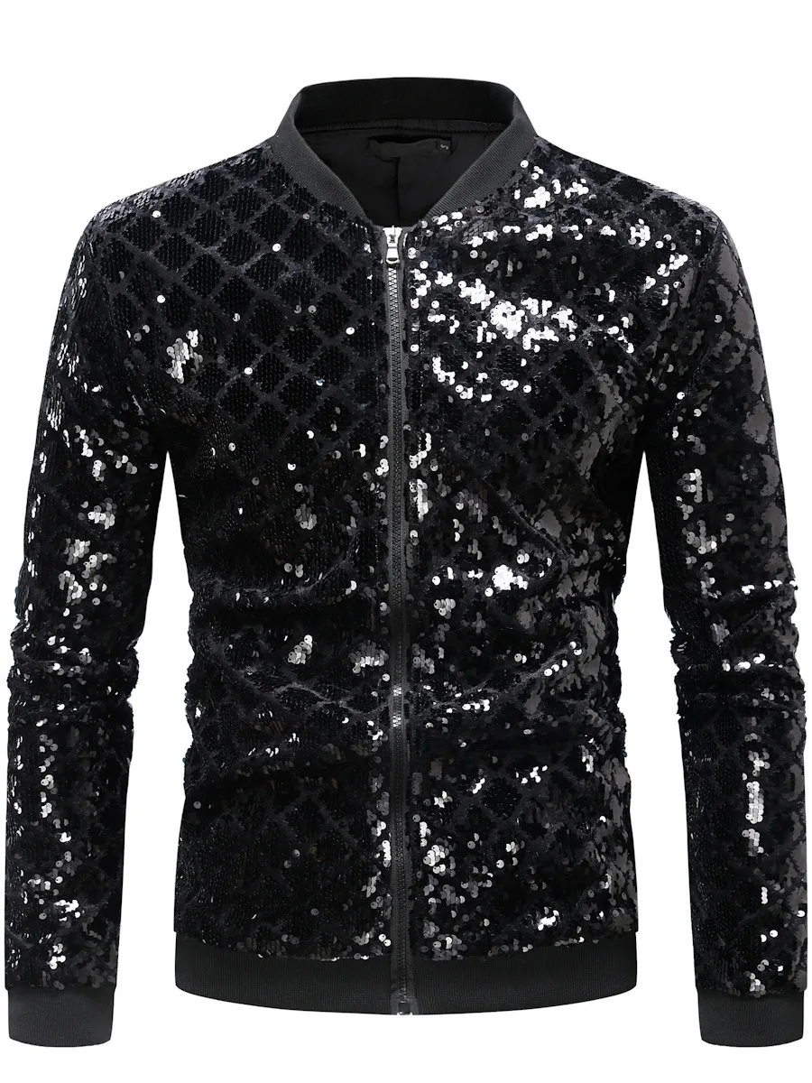 Mens Long Jacket Spandex Sequins Bling Fashion Slim Evening Party Celebration Stage Wear Nightclub Club Performance Clothes