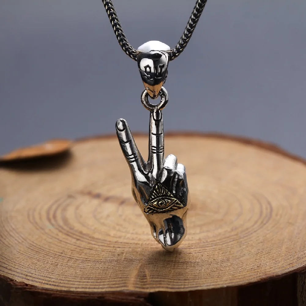 

Fashion trend hip hop style victory gesture pendant men and women 925 silver personality eye of death creative pendant