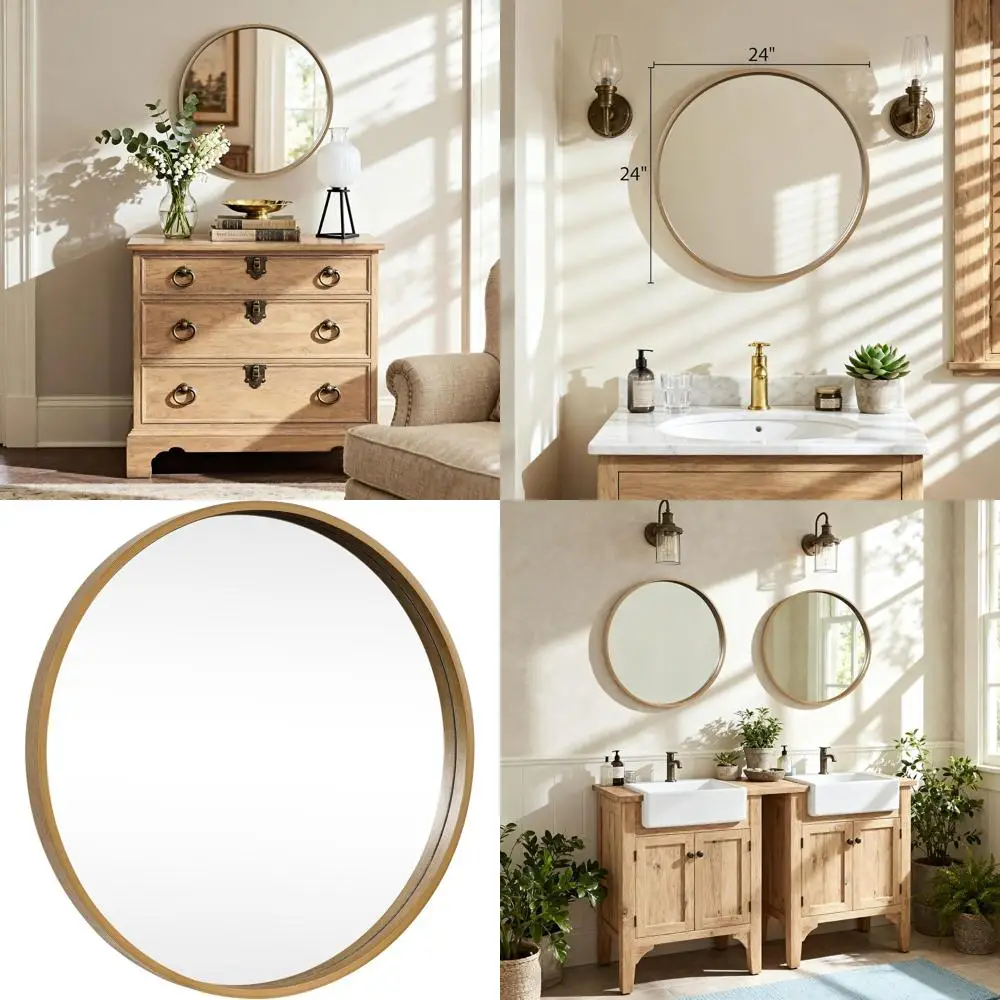 

24-дюймовое круглое зеркало в деревянной рамке для домашнего декора, подходящее для ванной комнаты, туалетного столика и гостиной