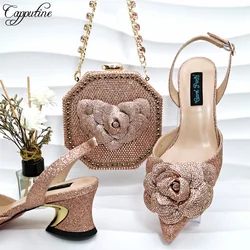 Rose Gold Women Shoes And Bag Set African Ladies High Heels Pumps Match With Handbag Sandals Escarpins Femmes Sandales QSL082