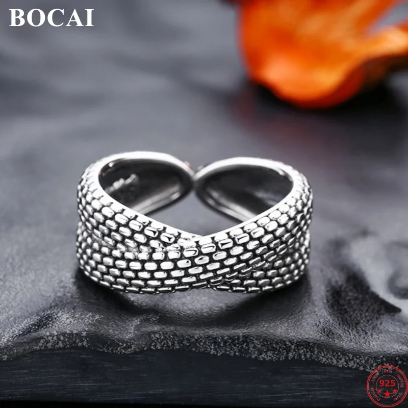 

BOCAI S925 Sterling Silver Rings for Women Men New Fashion Cross Chain Pattern Personality Opening Punk Jewelry Wholesale