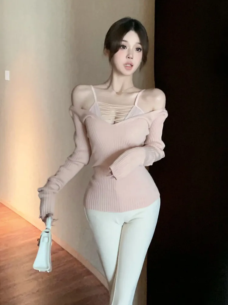 Sexy Sweet Hollow Out Sweater Gyaru Slash Neck Clubwear Slim Knitted Pullover Fake Two Pieces Coquette Jumper Y2k Autumn Winter