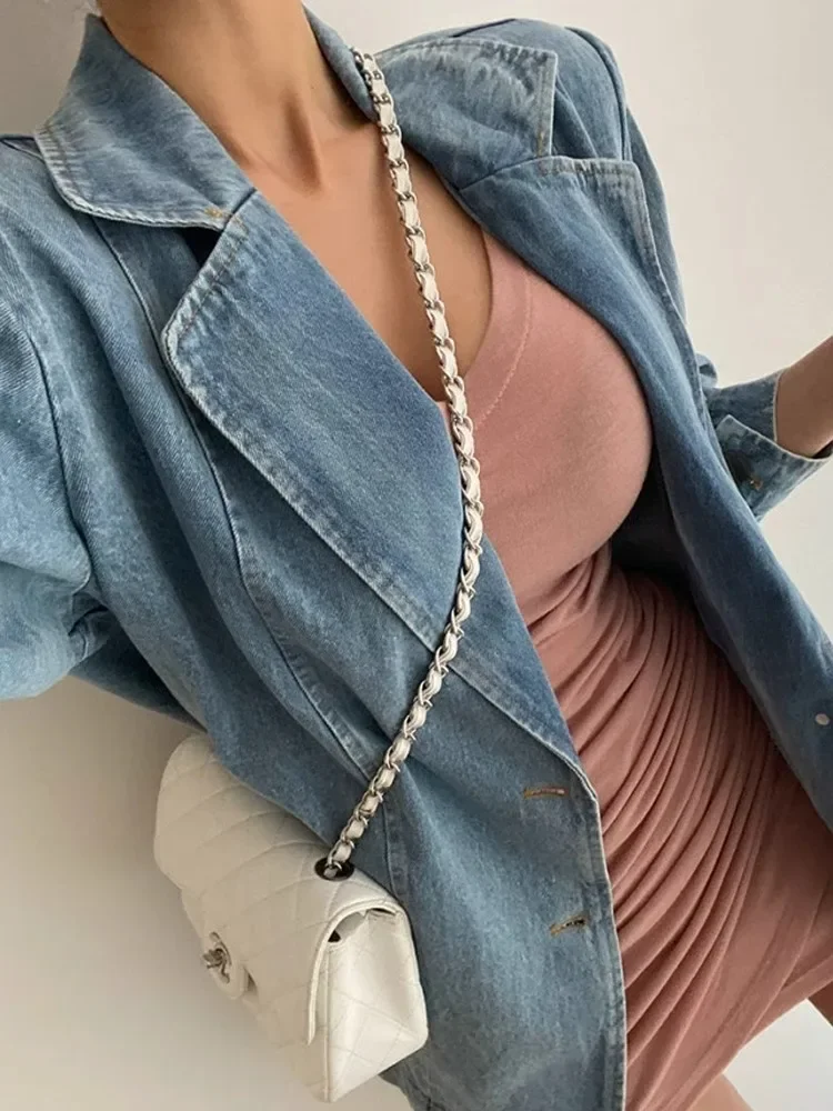 Retro Denim Suit Jacket For Women In Autumn, With A Relaxed Slit Design And A Washed Out Distressed Loose Fit