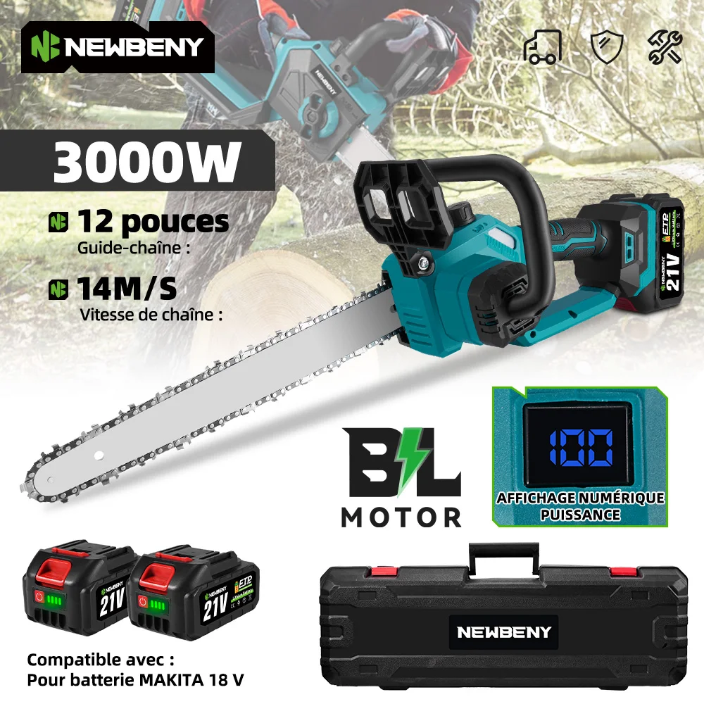 NEWBENY 12 pouces tronçonneuse électrique sans fil sans brosse affichage numérique scie à chaîne outil électrique pour le travail du bois pour broche de batterie Makita