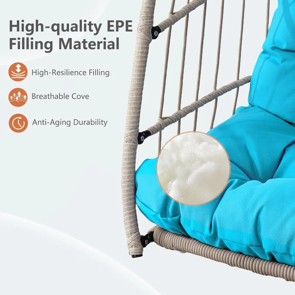 كرسي أرجوحة على شكل بيضة خارجي قابل للطي مع إطار من الروطان عالي الدقة وإطار من الألومنيوم، وسادة محمية من الأشعة فوق البنفسجية، بدون حامل متضمن