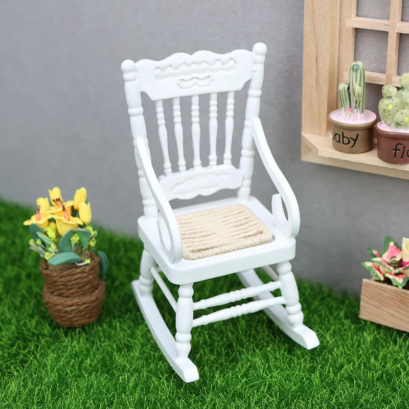 1:12 Dollhouse White Woven Rocking Chair, Miniature Armchair with Rope Texture for Micro Scene, Dollhouse Living Room Decor