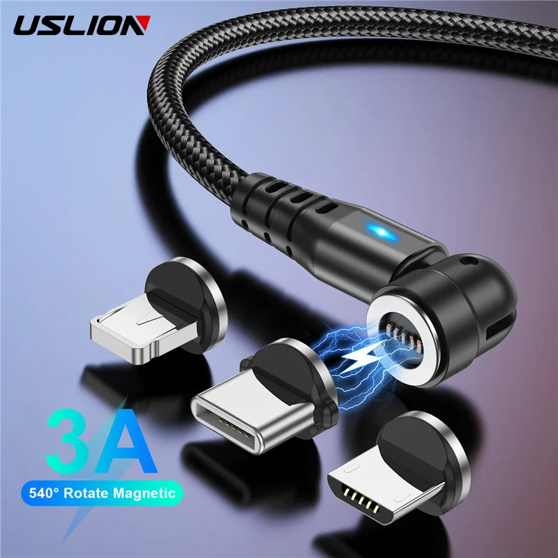 USLION 3 in 1 540 Rotate 5A Magnetic Cable Fast Charging USB Type C Cable For iPhone Xiaomi Magnet Charger Micro USB Data Line