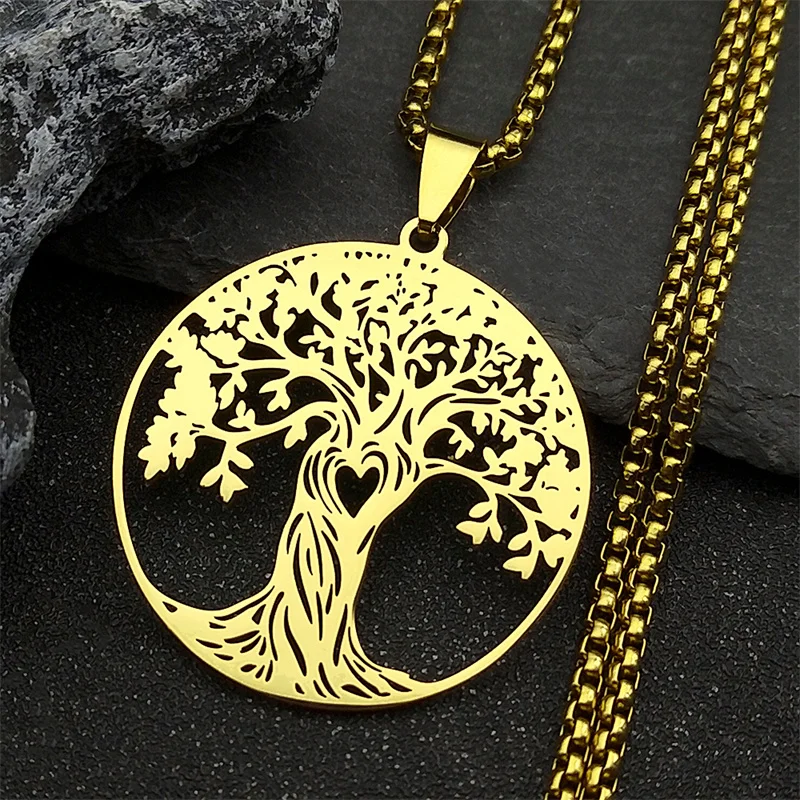 Aesthetic Tree of Life Love Heart Necklace for Women Men Stainless Steel Gold Color Lucky Amulet Chain Jewelry collar NZZZ529S02