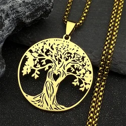 Collar de corazón de amor de árbol de la vida estético para mujeres y hombres, acero inoxidable, Color dorado, amuleto de la suerte, cadena, collar de joyería, NZZZ529S02