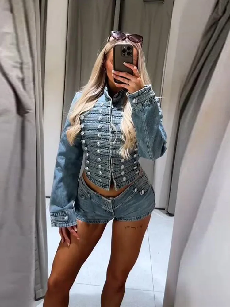 

Vintage Women Denim Coat Set Single Breasted Long Sleeve Cropped Female Jacket Fashion Y2k Shorts Low Waist Summer High Street