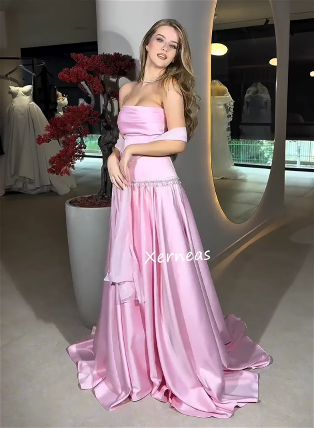Customized Charmeuse Lace-up Sparkle Strapless A-line Floor-length Bespoke Occasion Prom Party Dresses Elegant