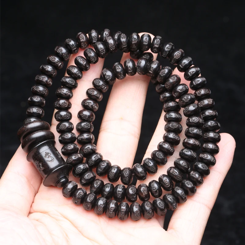 Natural Ebony Tibetan Buddhist Sutra Round Six-character Truth Words 6mmx8mm 108 Beads MALA Necklace Meditation Rosary Beads