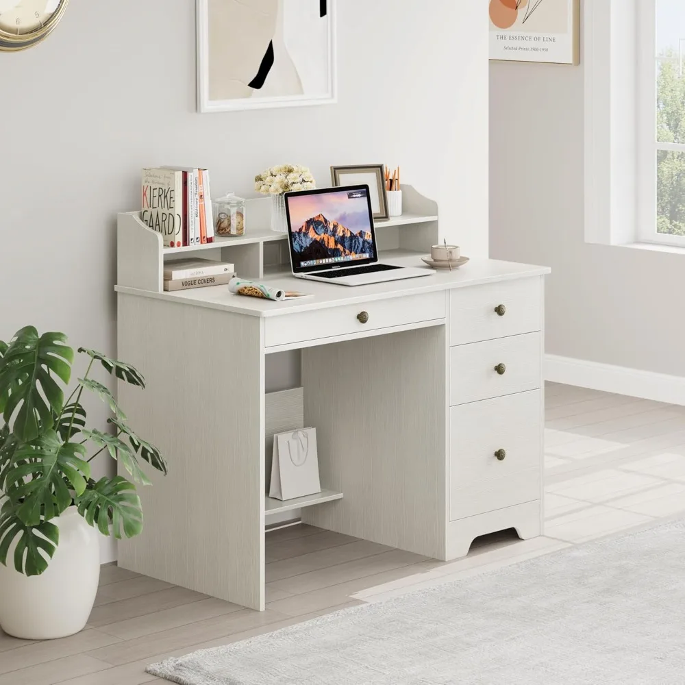 

Computer Desk with Drawers and Hutch Shelf, Wood Executive Desk Writing Study Table with 43” Wide Tabletop, Small Desk wi