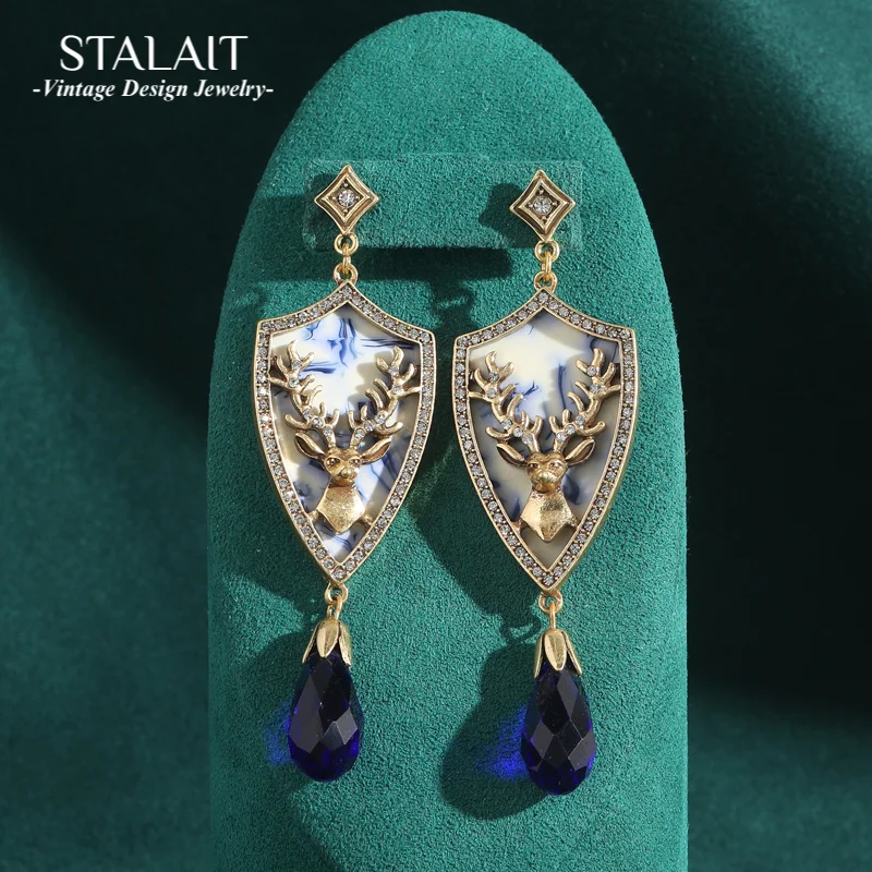 

Vintage Jewelry Luxury Drop Dangle Deer Antler Earrings Natural Stone Long Antique Gold Color Charm Woman Accessories Christmas