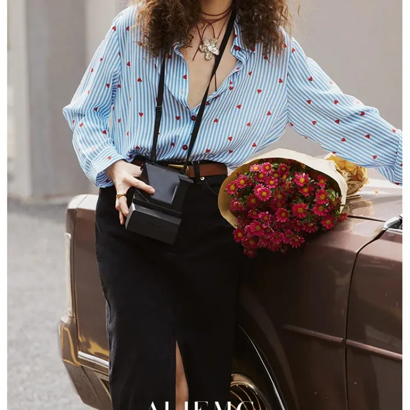 

Women's Blue Striped Heart Print Shirt French Retro Long Sleeve Loose Elegant Slimming Casual Top