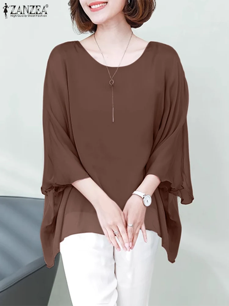 ZANZEA Women Oversize Chiffon Blouse Summer 3/4 Sleeve Irregular Hem Tops Shirt 2024 Korean Round Neck Loose Tunic Casual Blusa