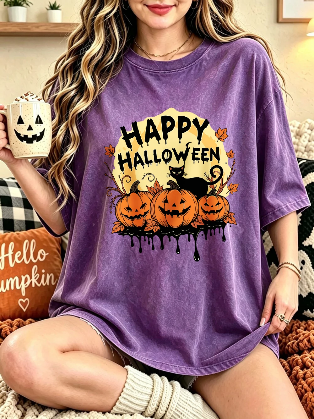 Happy Halloween Kürbisse bedruckte, gewaschene T-Shirts, Damen-Baumwoll-Tops mit kurzen Ärmeln, lässige Oversize-T-Shirts mit Rundhalsausschnitt, Sommerkleidung – Detail 17