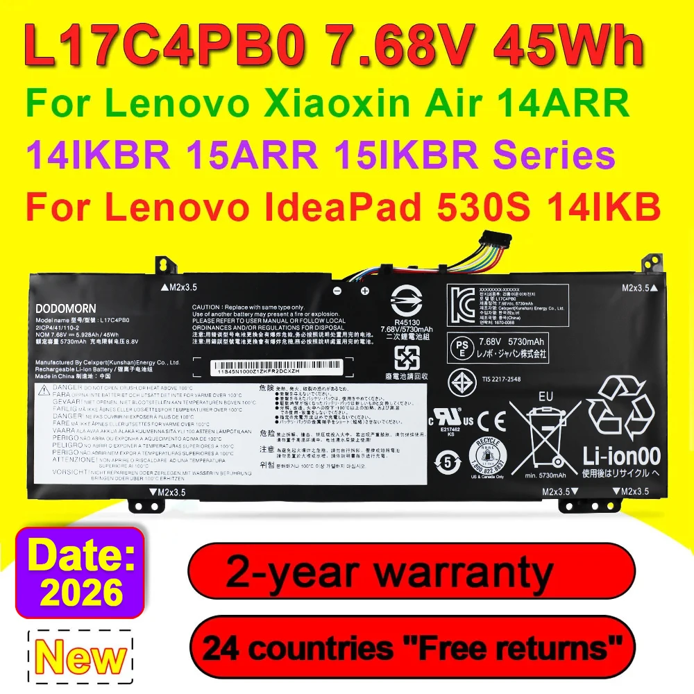 Batería L17C4PB0 para ordenador portátil, pila para Lenovo Xiaoxin Air 14ARR 15ARR Ideapad 530S 14IKB 15IKB Yoga 530 Flex 6 L17M4PB0 L17C4PB2 7,68 V 45Wh