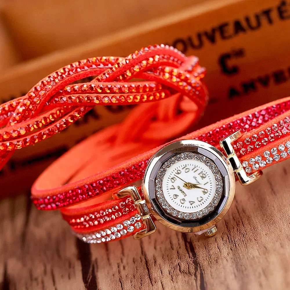 Fashion Casual Gold Quartz Women Rhinestone Watch Braided Leather Bracelet Watch Gift Ladies Wristwatch Relogio Feminino Gift