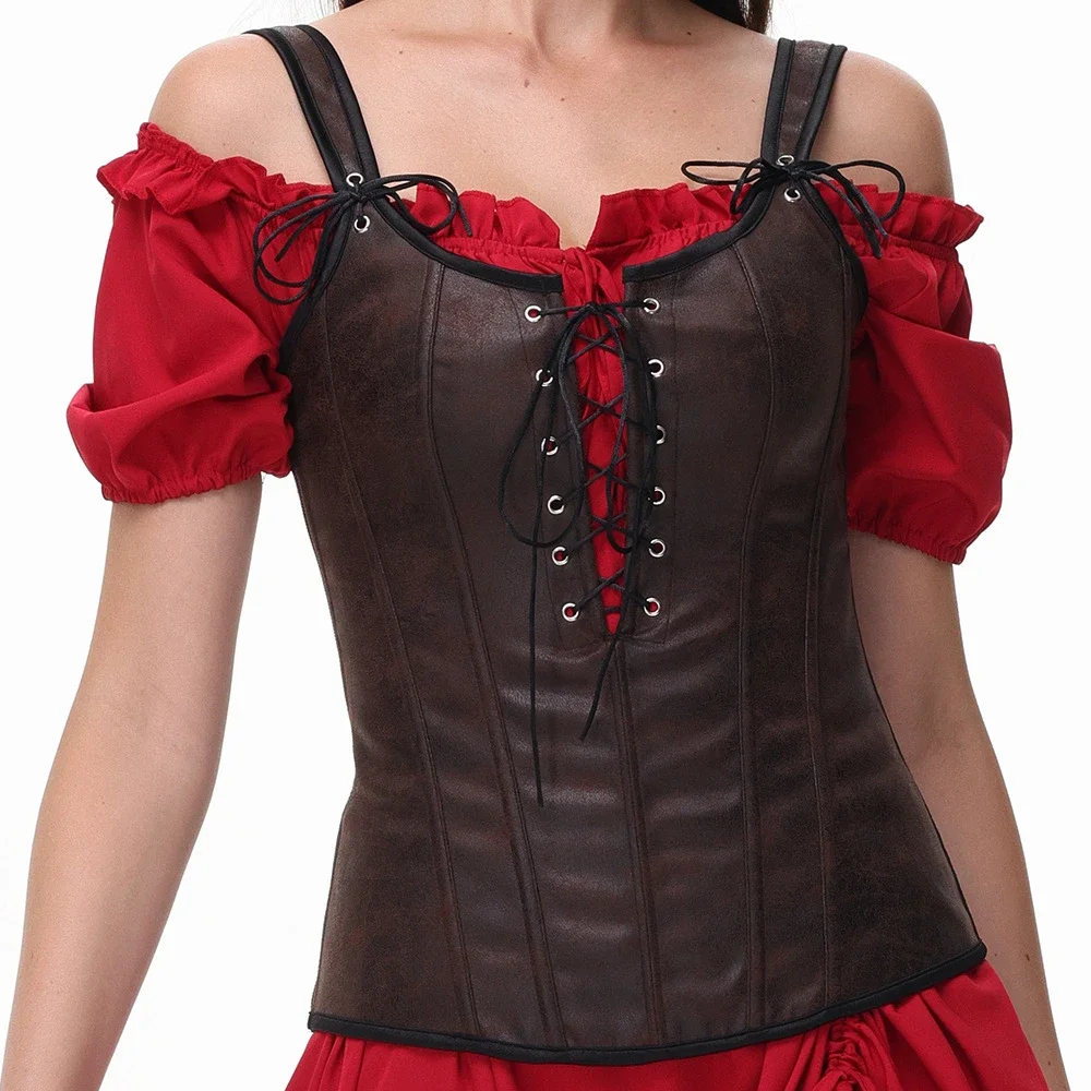 

Women Brown Overbust Corset Tops Sexy Vintage Lingerie Lace-up Hollow Out Body Shaper Shoulder Strap Bustier Vest