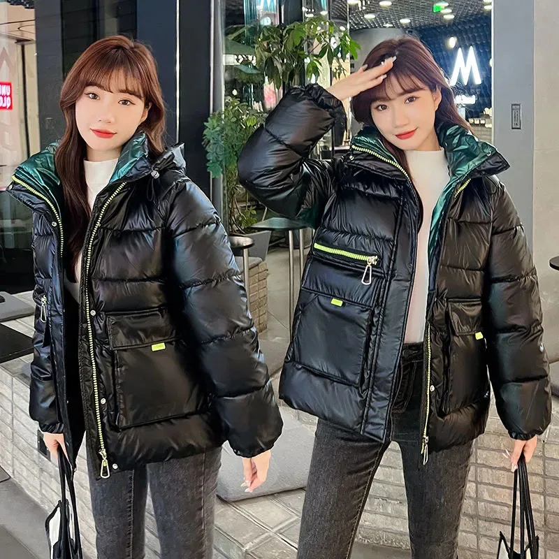 New Women, No-wash Glossy Down Cotton Jacket Korean Long Padded Cotton Coat, Thicke Warm Winter Female Hooded Parker Overcoat
