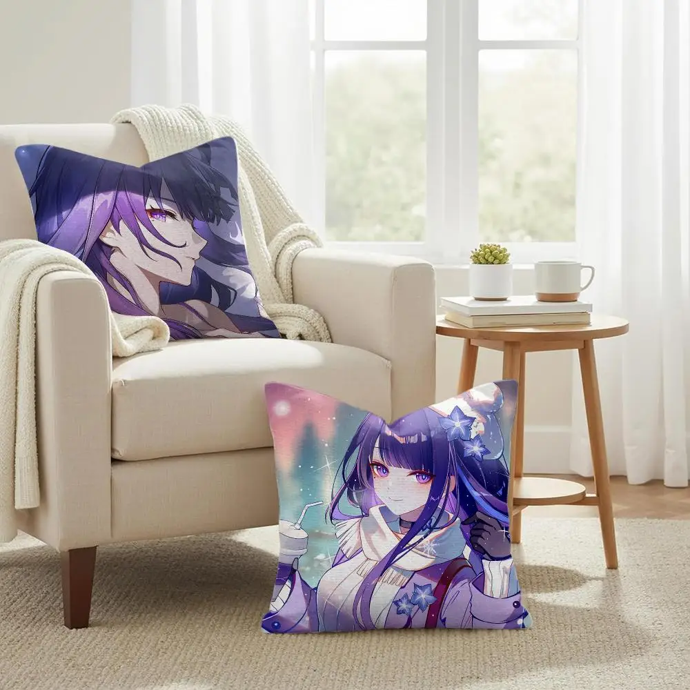 Game Raiden Shogun Cushion Cover Natural Linen Organic Fabric Double-Sided Printing Sofa Home Decor Gift Pillow Case