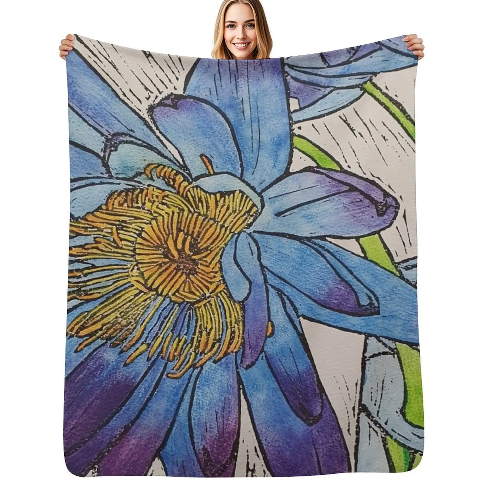 

Kimberley Waterlily Linoprint Coloured Throw Blanket heavy to sleep Plaid on the sofa halloween christmas decoration Blankets