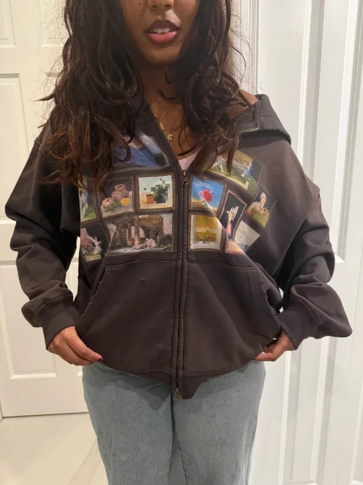 

Мужская/женская винтажная толстовка на молнии с эффектом потертости, принтом в стиле пиксель-арт и коллажем, оверсайз, унисекс, уличная одежда, с капюшоном