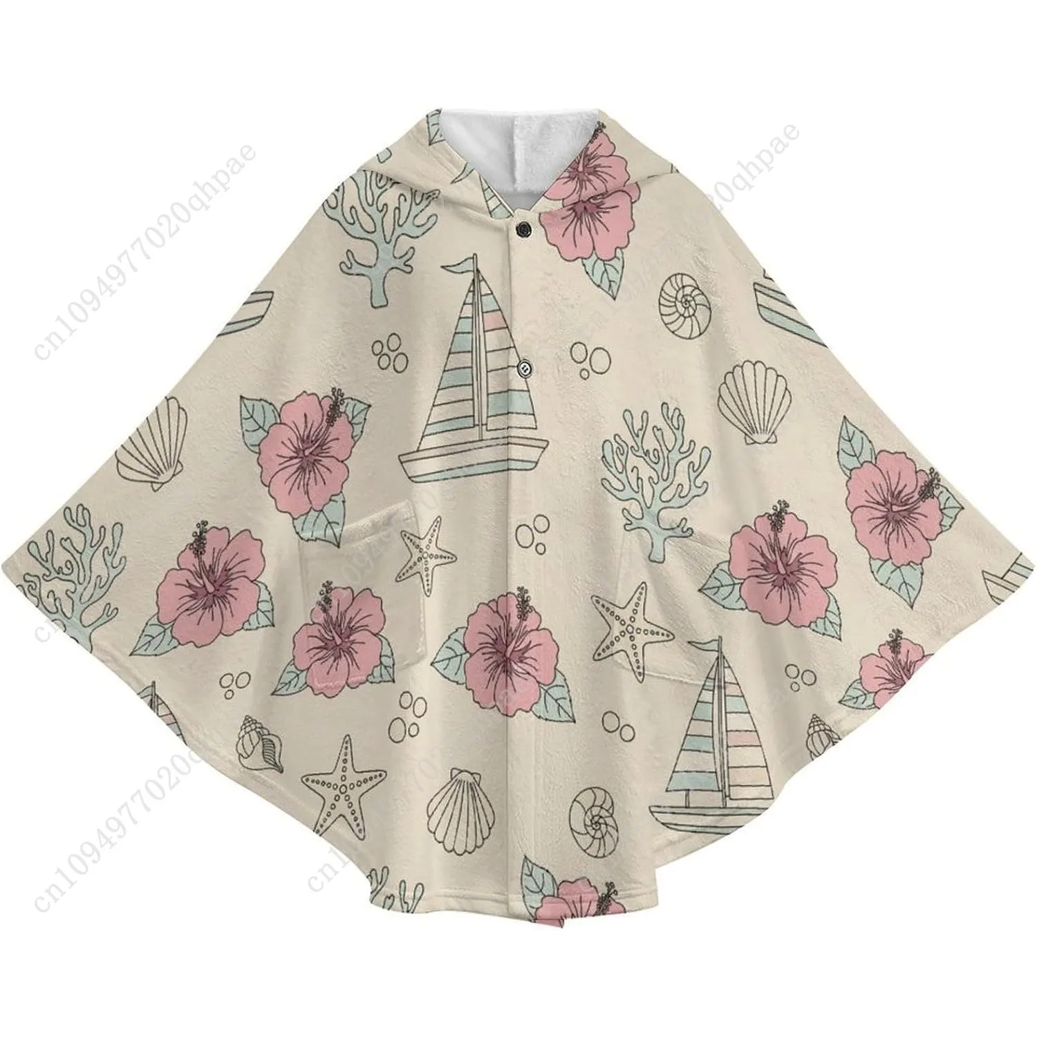 سترة بطانية مريحة من الفلانيل، سترة بقلنسوة كبيرة الحجم للحياة البحرية مع جيوب للأطفال والمراهقين