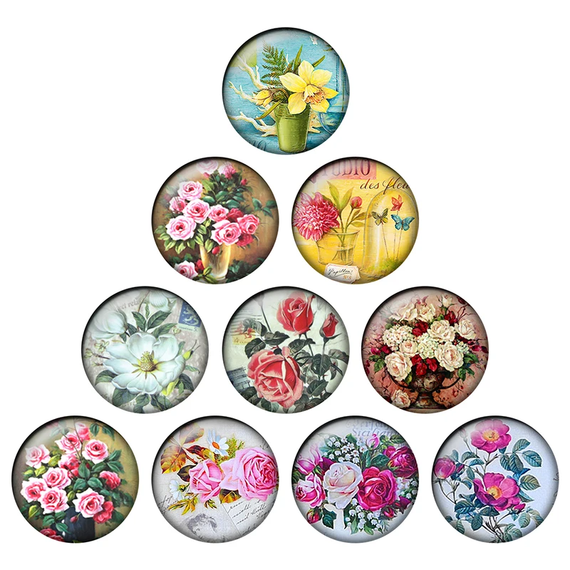 24pcs/lot 10/12/14/16/18/20/25mm Vintage Roses Glass Cabochons Dome Flat Back for Earring Bracelet Ring Base DIY Jewelry H150