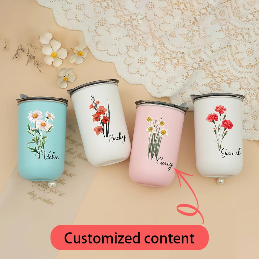 Custom Name Birth Month Flower Tumbler Stainless Steel Vacuum Cup with Lid Customized Birthday Holiday Souvenir Gift for Friends