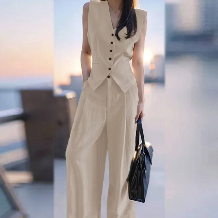 

New High Quality Summer 2 Piece Sets Woman Outfit French V-neck Sleeveless Vest Top + Wide Leg Pants Office Lady Elegant Suit