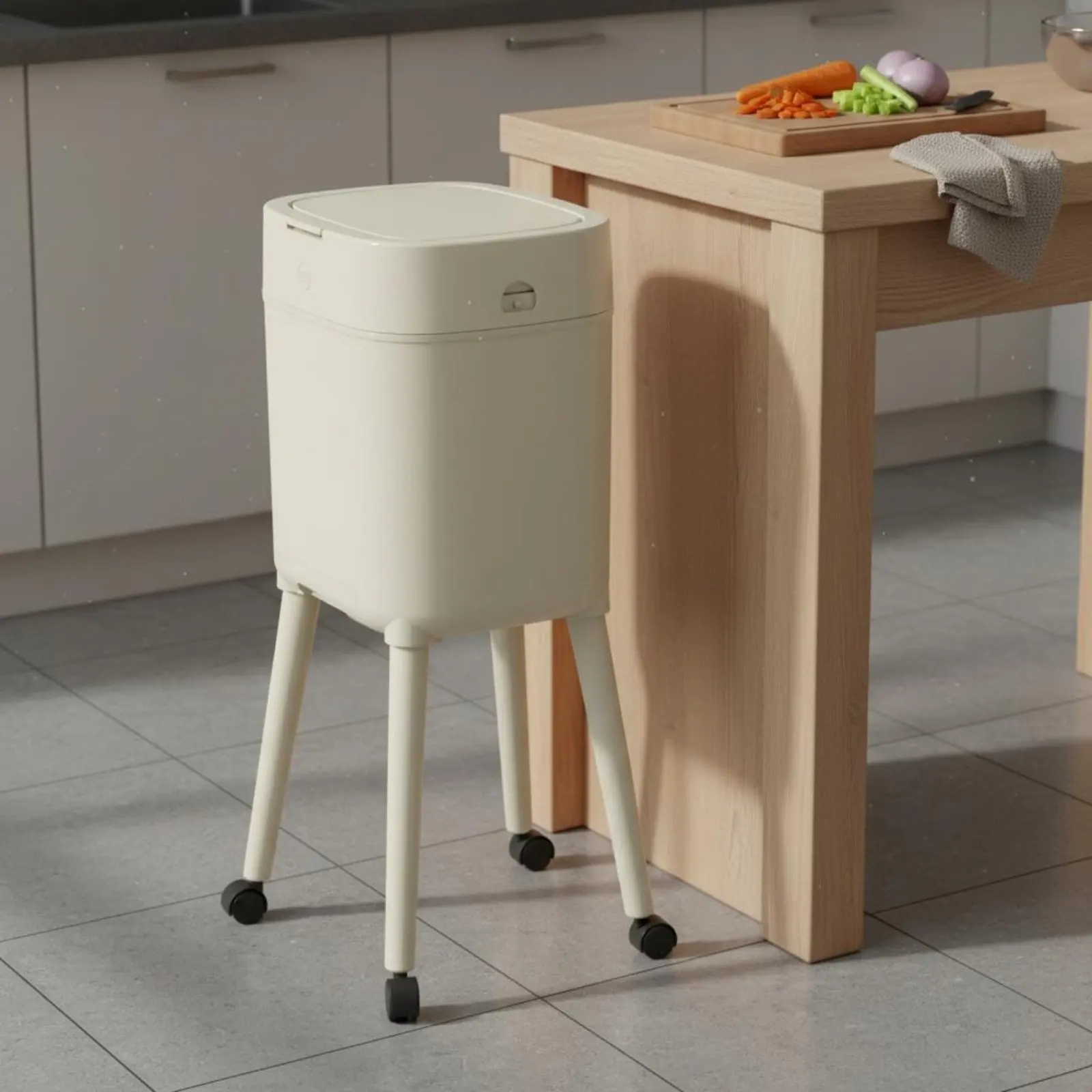 Tall Trash Can with Legs Easy to Clean Elevated Garbage Can on Wheels Rolling Waste Bin with Lid Wide Opening Mobile Garbage Bin