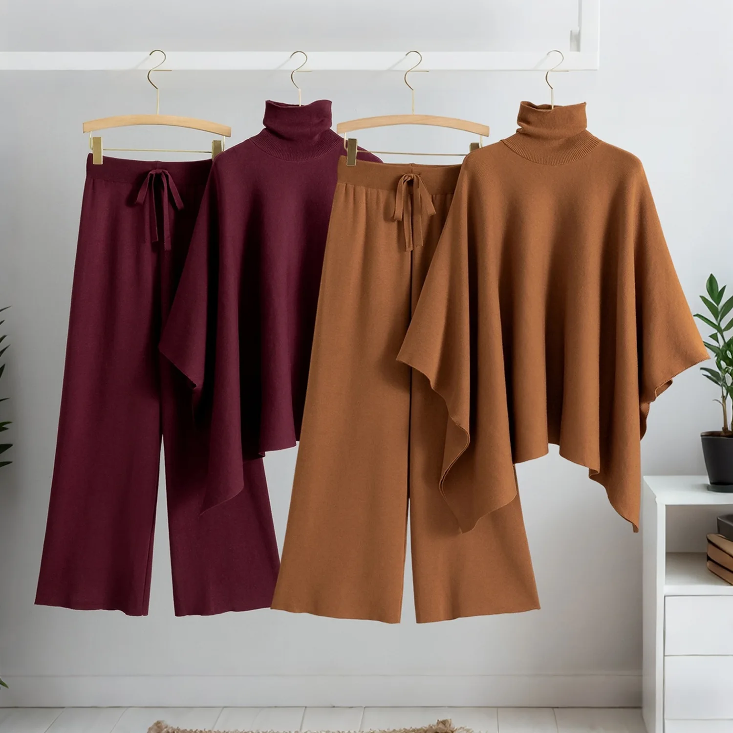 Moslim Gebreide Set Vrouwen Coltrui Jumper Top Wijde Pijpen Lange Broek Bijpassende Pak Islam Kleding Femme Musulmane Ensembles