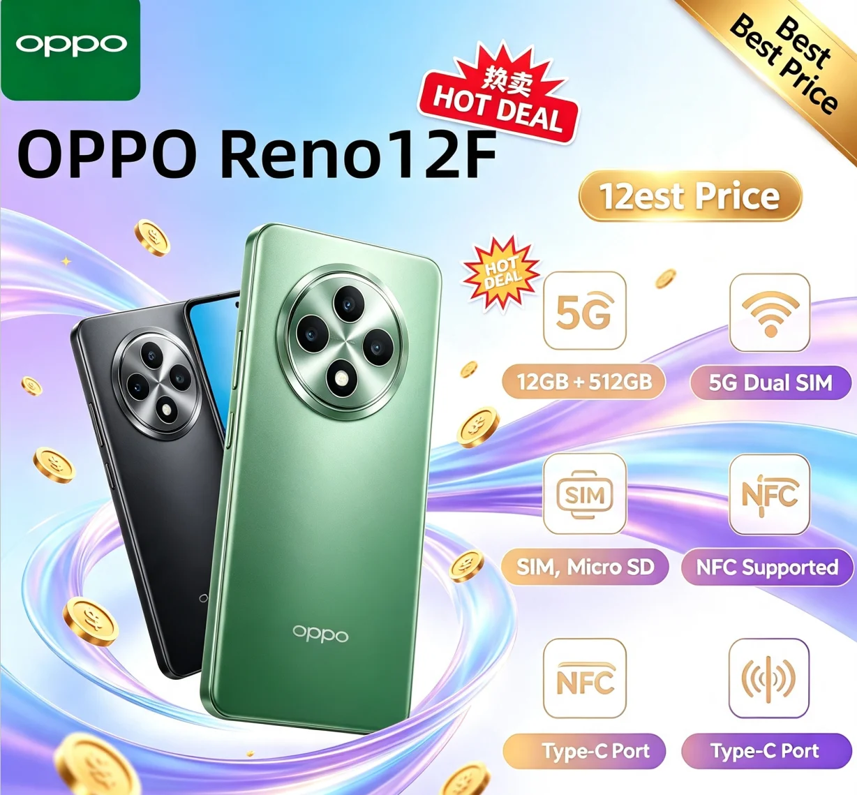 New Arrival 2026 Brand New OPPO Reno12F Unlocked Smartphone 12+512GB Large‑Capacity Storage High‑Grade Memory Spec for Stable