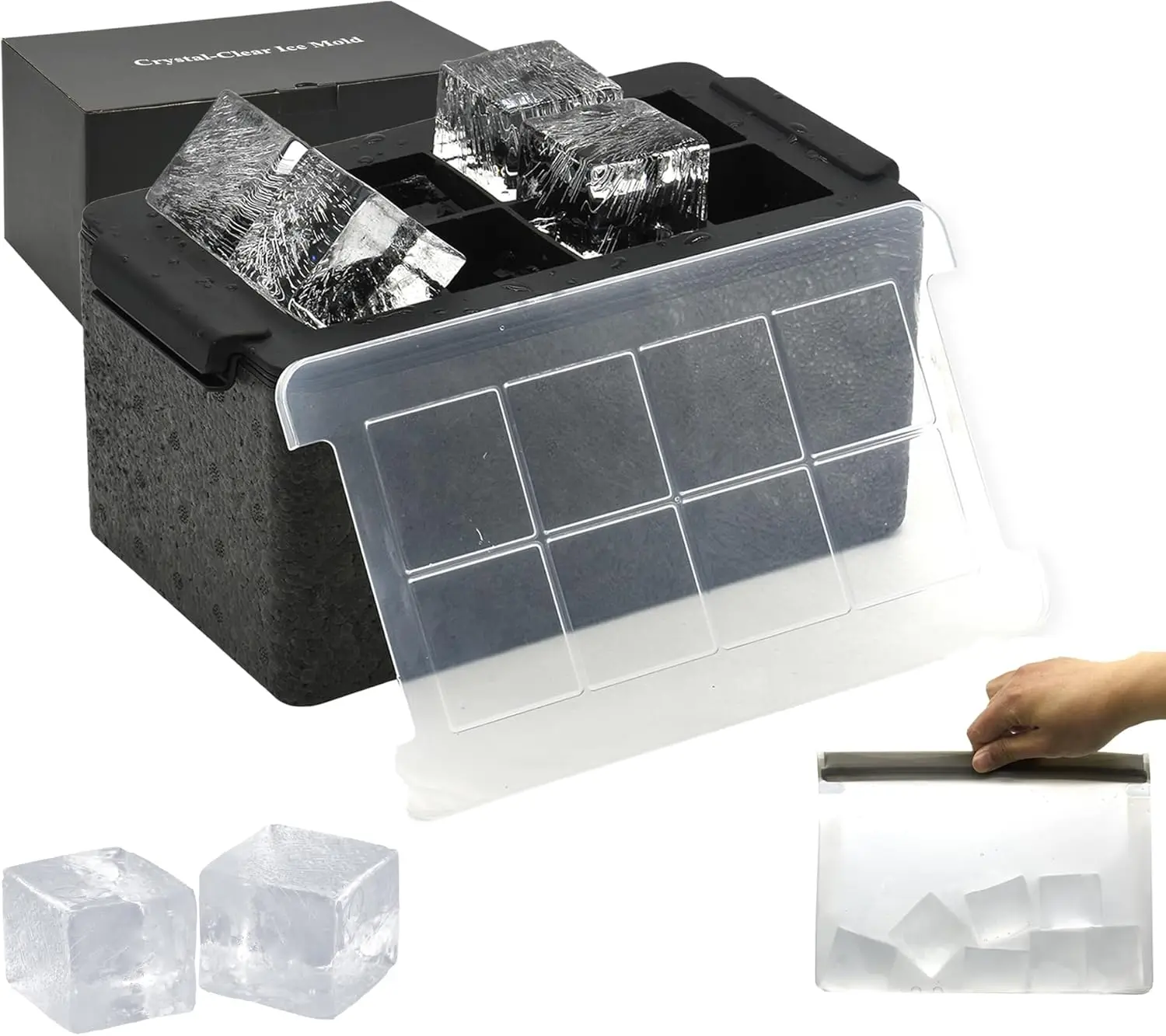 

Crystal Clear Ice Cube Maker,8 Lar 2" Square Ice Cubes for Cocktails,Bourbon & Drinks,Clear Ice Cube Mold with Reus