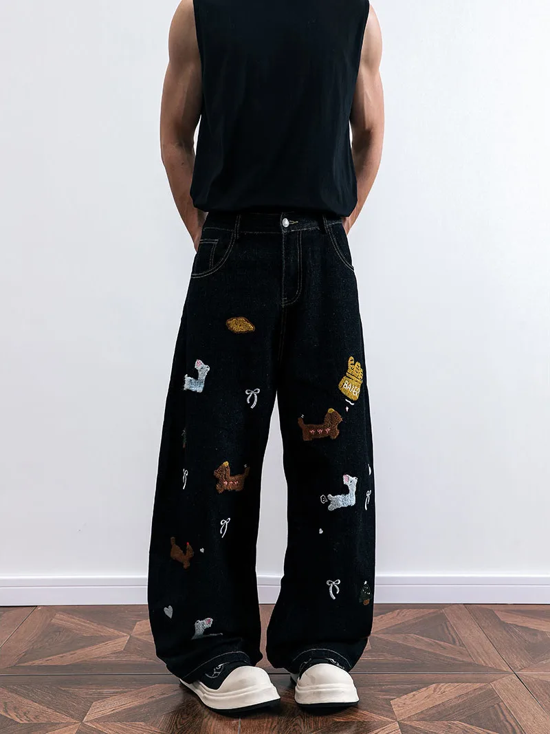 

Мужские джинсы с вышивкой, прямые, свободные, широкие, длинные брюки, американский стиль, повседневные, удобные, из хлопкового денима