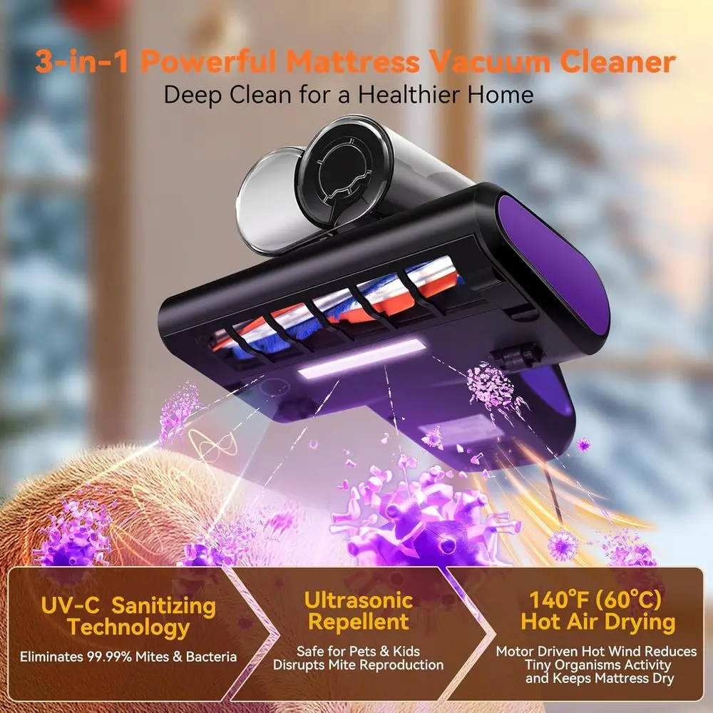Corded 600W Mattress & Sofa Cleaner with 16KPa Suction, UV-C Light, 140°F Heat, and HEPA Filter for Pet Hair Removal