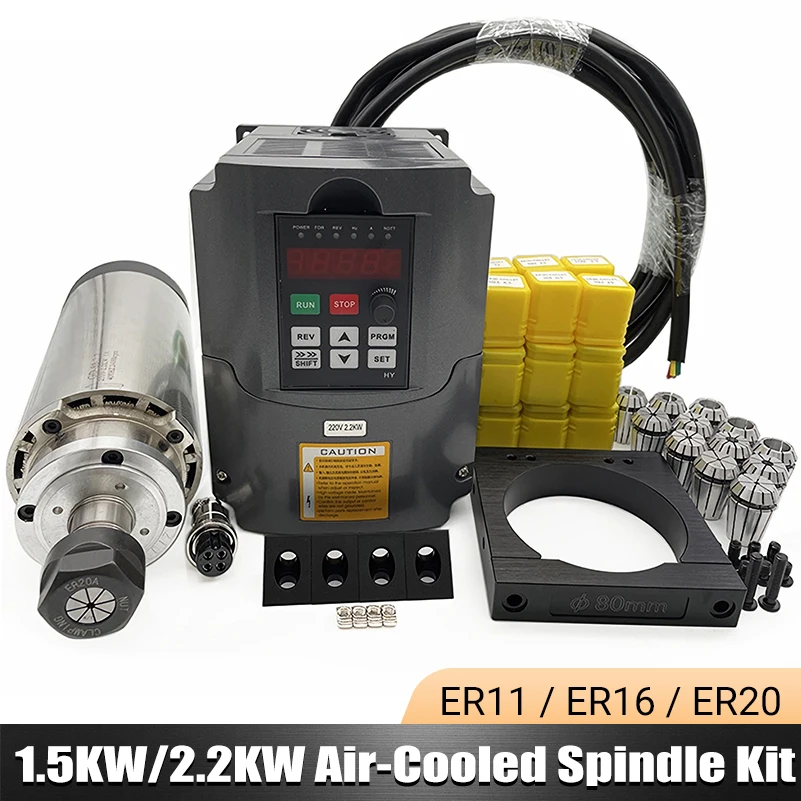 

1.5KW 2.2KW Air Cooled Spindle Kit with Huanyang VFD Inverter ER11 ER16 ER20 Collets 110V 220V 400Hz 24000RPM for BulkMan3D CNC