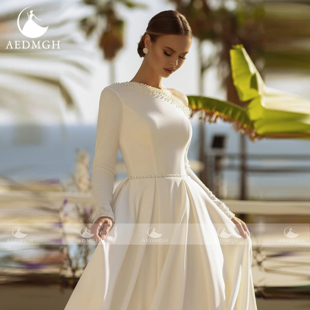 Aedmgh A-Line Abiti da sposa vintage Collo irregolare Manica lunga Vestido De Novia Abito da sposa su misura in raso con perline